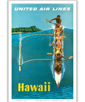 Outrigger Canoe Surfing Vintage Airline Travel Poster By Stan Galli, 1960s Master Art Print, Unframed 6x9 Inch Matte Finish