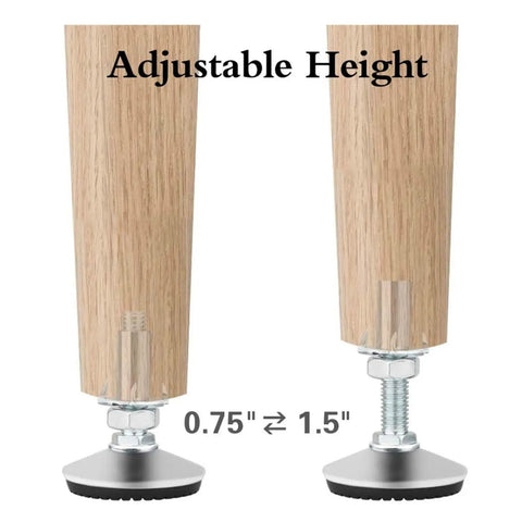 Adjustable Leveling Feet With T Nut Bolt 50mm showing height adjustment range between 0.75 and 1.5 inches for furniture use.