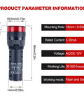 Diagram showing dimensions and specifications of High-Performance 2-Pack 16mm 12V Intermittent Buzzer with Vibrant Red LED Flash Indicator