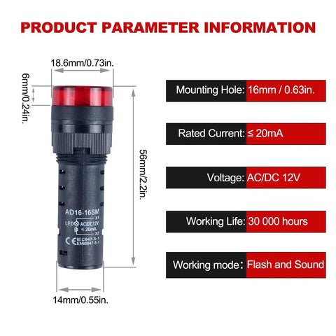 Diagram showing dimensions and specifications of High-Performance 2-Pack 16mm 12V Intermittent Buzzer with Vibrant Red LED Flash Indicator