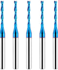 Upcut Spiral Router Bit Set With One Quarter Inch Shank And One Eighth Inch Cutting Diameter Extra Long Three Inch Overall Length Solid Carbide CNC End Mills With Nano Blue Coating For Wood Cutting And Carving Five Pack displayed