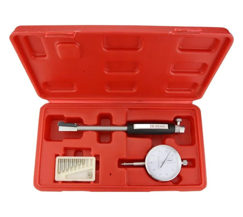 Digital Caliper, Dial Indicator Inner Diameter Gauge Measuring Rod Tool Set in red case showing various measuring tools.