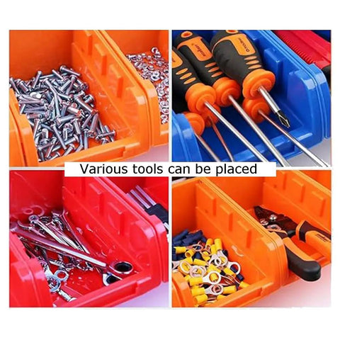 Hella Rugged Wall Mounted Storage Rack Featuring Thirty Bright Plastic Bins For Garage Tool Sorting Screws Nuts Bolts Small Hardware Parts Fast Assembly No Sweat Organization Daily with assorted tools and fasteners.