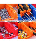 Various tools stored in Top Tier Heavy Duty Parts Rack With Garage Storage Bins For Tool Organization And Workshop Supplies.