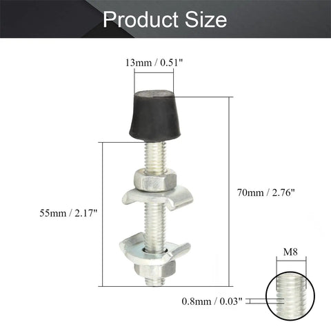 Six Pack M8x70mm Carbon Steel Toggle Clamp Screws With Rounded Spindle Tip For Stable Non Mar Clamping, Zinc Plated 70mm Long, Soft Rubber Pad For Woodworking And Metalworking Projects, size diagram