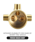 Delta R10000 high-flow brass shower valve with durable forged brass body showcasing three-port design for plumbing installations.