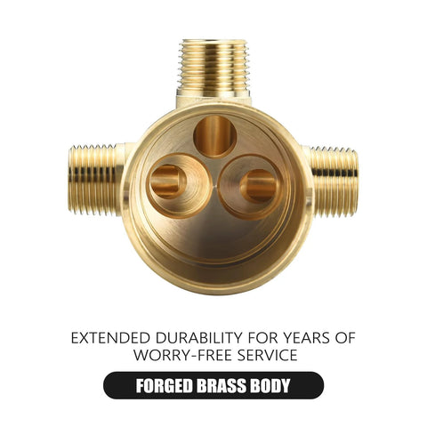 Delta R10000 high-flow brass shower valve with durable forged brass body showcasing three-port design for plumbing installations.