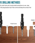 Illustration of 5 Piece Countersink Drill Bit Set for Woodworking with Hex Shank, showing flush and hidden screw methods.