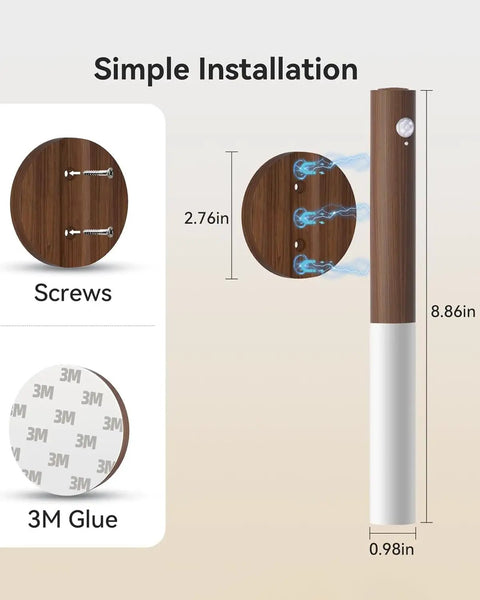 Indoor Wall Sconce Equipped With Smart Motion Detection And An Extra Large 2200mAh Rechargeable Battery installation guide showing screws and 3M glue with measurements.
