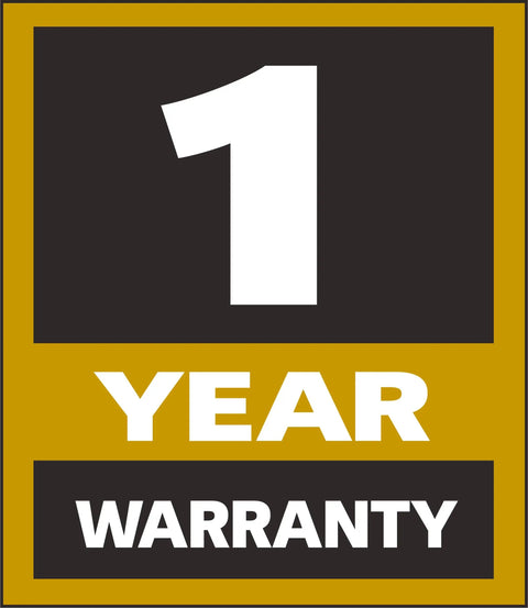 1 year warranty badge on gold and black background