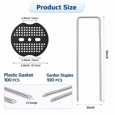 Heavy Duty Garden Stakes Kit With Washers for Windy Areas, stakes and gaskets dimensions, 6 inch 11 gauge staples shown