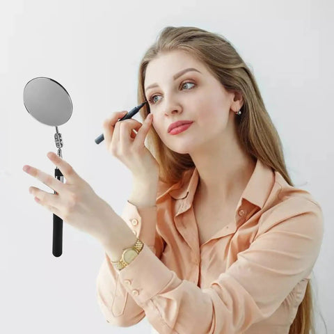 Woman using 4 Pack Telescoping Inspection Mirrors Set with Round and Rectangular Heads Flexible and Handy Adjustable 6 to 25 Inch
