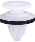 Close-up of Mazda KD51-51-W24 fender trim wheel opening moulding retainer clip from 10 pack, white nylon with black seal