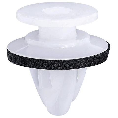 Close-up of Mazda KD51-51-W24 fender trim wheel opening moulding retainer clip from 10 pack, white nylon with black seal