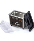 Awesome Digital Ultrasonic Cleaner Machine With Stainless Steel Basket That Cleans Dentures Watches Glasses Like A Charm 35W Power 800ml Capacity Heats Up For Super Clean Results Every Time, showing the unit and basket.