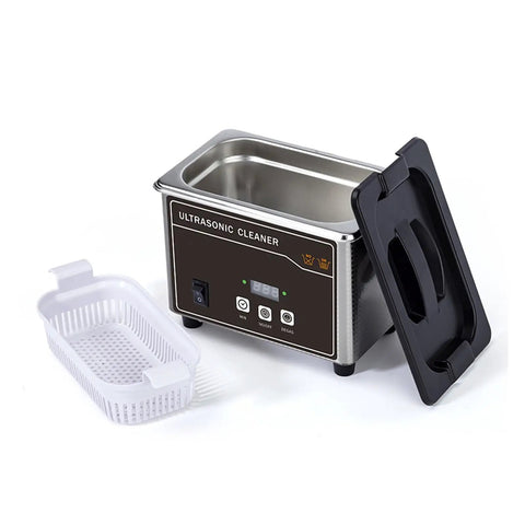 Awesome Digital Ultrasonic Cleaner Machine With Stainless Steel Basket That Cleans Dentures Watches Glasses Like A Charm 35W Power 800ml Capacity Heats Up For Super Clean Results Every Time, showing the unit and basket.