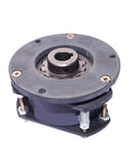 Electromagnetic clutch/brake unit, round black housing with central bore and gear, angled front view