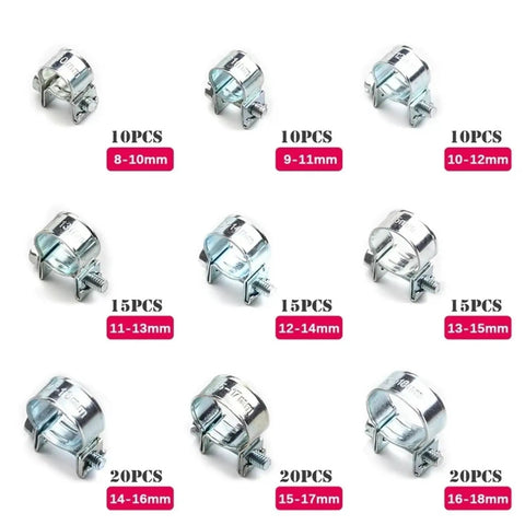 Super Chunky Double Ear Hose Clamps Assorted Kit With 135 Pieces For Fuel And Water Lines Plus Engine Pipes In 8-18mm Range That Get The Job Done Right Quick And Tough Too. Assorted steel clamps 8-18mm, 135-piece kit, shown in size range layout