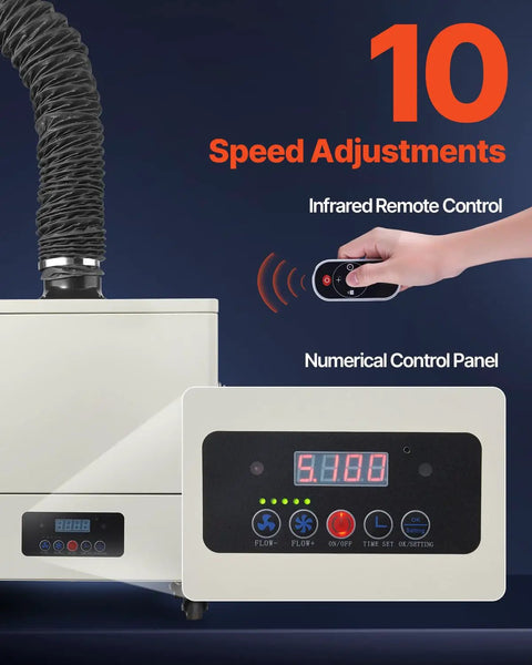 Heavy Duty Solder Fume Extractor Delivering Beast Mode Suction Power With Four Stage Filtration And Wireless Remote Control for speed adjustments and control panel.