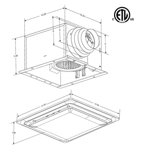 Technical drawing of Whisper Quiet Ceiling Vent Fan With LED Light And Nightlight, 80 CFM, Energy Star, showing dimensions and design.