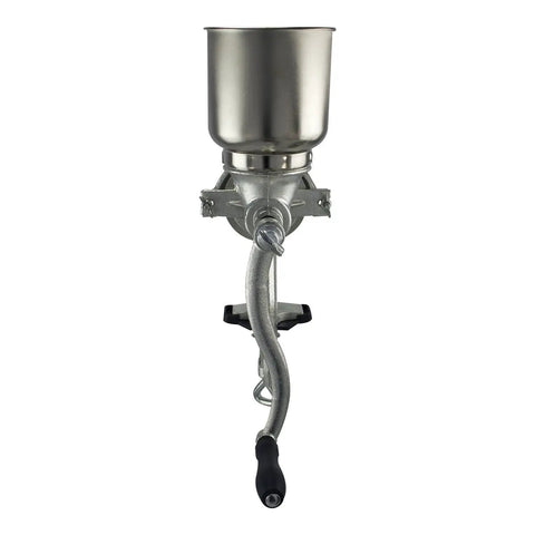 Front view of GM 150 Grain Mill With Tin Coated Cast Iron Large Hopper Beefy Grind Power Grinds One Pound Per Minute From Coarse To Fine