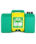 Portable Eight Gallon Eyewash Station Worksite Ready Gravity Fed Emergency Rinse With Fifteen Minute Continuous Flush Osha Compliant showing front view with green body and yellow activator.