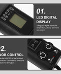 Close-up of LED digital display and knob control on 110V Portable Heat Gun For Desoldering And Soldering With Adjustable Air Flow And Temperature, Pro Grade Hot Air Rework Station Kit With Nozzles For Electronics Repair And Crafting Projects.