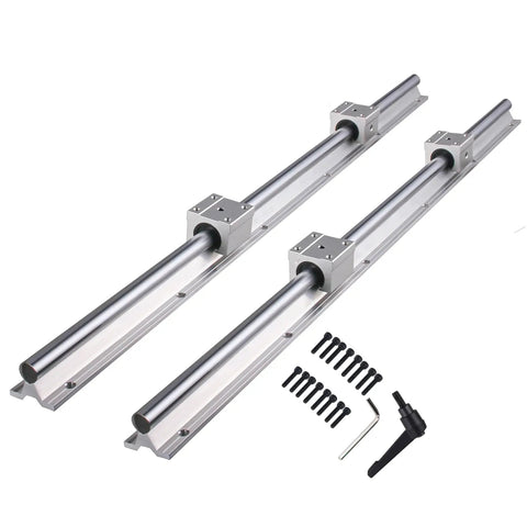 Industrial Grade Linear Rail Kit Two 800mm Rails With Two Guide Shafts And Four SBR16UU Bearing Blocks for CNC Lathes High Precision Steel Guide System for Smooth Accurate Slide and Long Lasting Machine Life. Visible in image are two steel rails with mounted bearing blocks and accessories.
