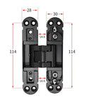 Top Shelf Hidden Door Hinge Featuring Dead Silent Hydraulic Cushioning for Flawless 180 Degree Swing with dimensions 30x28mm.