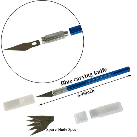 36 Piece DIY Modeling Hobby Tool Kit For Dollhouses And Gundam Miniatures includes blue carving knife with 5 spare blades.