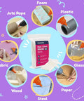 Bulk Mini Hot Glue Sticks 200 Pack Four Inch Length 0.27 Inch Diameter For Small Glue Guns Great For Crafts Wreaths Home Decor School Projects And Quick Household Repairs with images showing uses on different materials like foam and plastic.