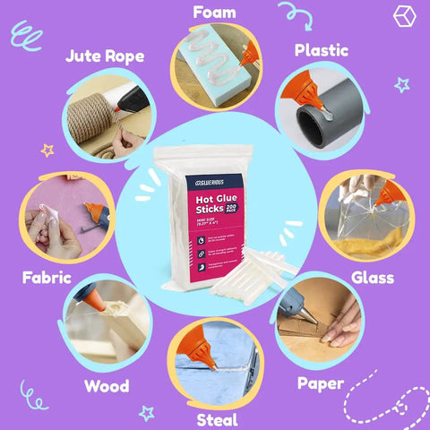 Bulk Mini Hot Glue Sticks 200 Pack Four Inch Length 0.27 Inch Diameter For Small Glue Guns Great For Crafts Wreaths Home Decor School Projects And Quick Household Repairs with images showing uses on different materials like foam and plastic.