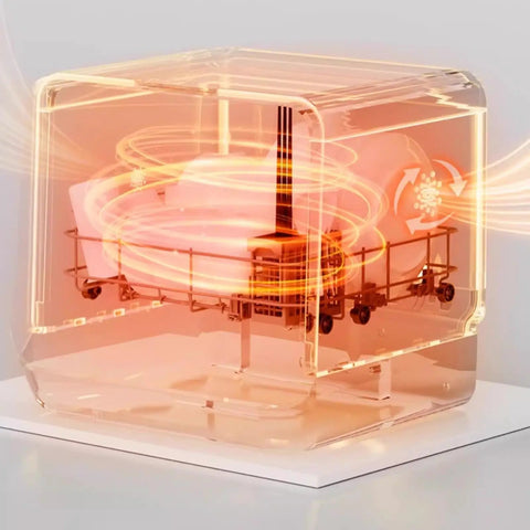 Skip The Sink Blues With This Plug And Play Countertop Dishwasher featuring transparent design and swirling cleaning action.