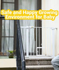 Woman with child using Adjustable Baby Gate For Doorways And Stairs 30 To 51.5 Inches Walk Through Gate With Door Pet Friendly Indoor Safety Gate For Kids And Dogs Extra Wide Pressure Mounted Auto Close Easy One Hand Open on stairs.