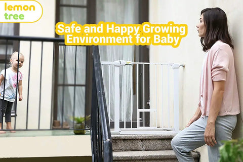Woman with child using Adjustable Baby Gate For Doorways And Stairs 30 To 51.5 Inches Walk Through Gate With Door Pet Friendly Indoor Safety Gate For Kids And Dogs Extra Wide Pressure Mounted Auto Close Easy One Hand Open on stairs.