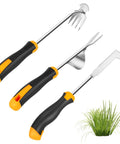 Three Piece Garden Weeder Set With Rubber Handles Hand Held Uprooting Tools V Shape Weeder Four Teeth Weed Puller And L Shaped Crack Weeder Rust Resistant Stainless Steel shown with grass