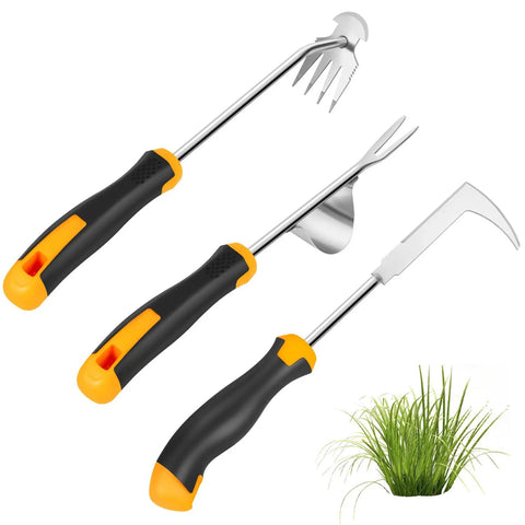 Three Piece Garden Weeder Set With Rubber Handles Hand Held Uprooting Tools V Shape Weeder Four Teeth Weed Puller And L Shaped Crack Weeder Rust Resistant Stainless Steel shown with grass