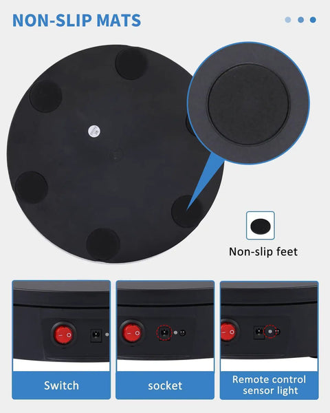 JAYEGT Motorized Rotating Display Stand With Remote Control And 5 Color Backgrounds bottom view showing non-slip mats and control ports.