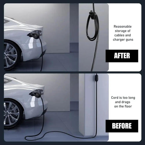 Make Your Garage Shine With This Badass Sae J1772 Ev Wall Mount Charger Holder Keeps Your Cables Neat And Waterproof So You Are Not Chasing Down Your Plug On Cold Winter Days Easy Install For Evse Phev Add Sleek Cord Holster That Just Works. Image shows before and after of EV charger cable storage, highlighting neat storage.