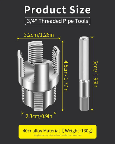 Dual Function PVC Pipe Threading Tool For Internal And External Threads With One Half Inch And Three Quarter Inch Dies Electric Drill Compatible For Home Repair DIY Ready Heavy Duty Alloy Steel Construction 2 Pack, showing 3/4 inch size and 40cr alloy material.