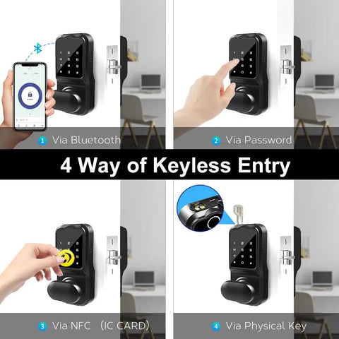 4 way entry of Keyless Entry Door Lock 4 In 1 Smart Deadbolt With Bluetooth App Electronic Keypad IC Card USB Spare Keys Waterproof