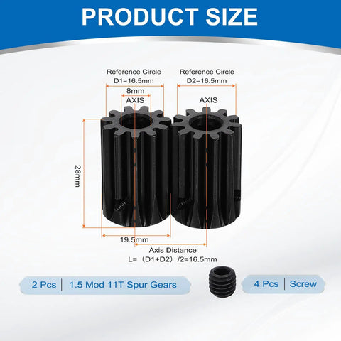 Two Pack Mod 1.5 Pinion Gear 11 Teeth, 8mm Bore, Hardened 1045 Steel, 20 Degree Pressure Angle, with size dimensions.