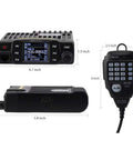 Dual Band Mobile Radio Transceiver For Car with color LCD, VHF UHF 144-148 And 420-450 MHz, dimensions shown, black unit.
