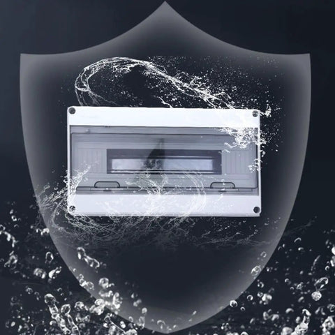 Weatherproof 18-Circuit Outdoor Electrical Junction Box With Distribution Panel Enclosure, depicted under water splash.