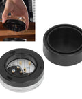 Heavy Duty 58 Millimeter Espresso Distribution Tool With Smooth Bearing Rotation Stainless Steel Needle coffee leveler shown from top and side.