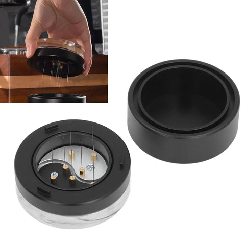 Heavy Duty 58 Millimeter Espresso Distribution Tool With Smooth Bearing Rotation Stainless Steel Needle coffee leveler shown from top and side.