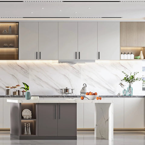 10 Pack 5 Inch Matte Black Cabinet Pulls for Cupboards and Drawers installed on modern white kitchen cabinets