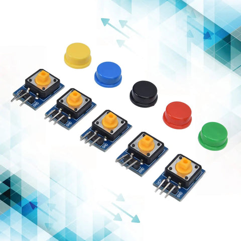 5 Piece Button Switch Module Large Push Button Board With Tactile Keys And Color Covers showing colorful buttons on a sturdy PCB.