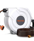 Retractable Garden Hose Reel With Auto Rewind And Any Length Lock, One Hundred Foot Reach, features a nine pattern nozzle
