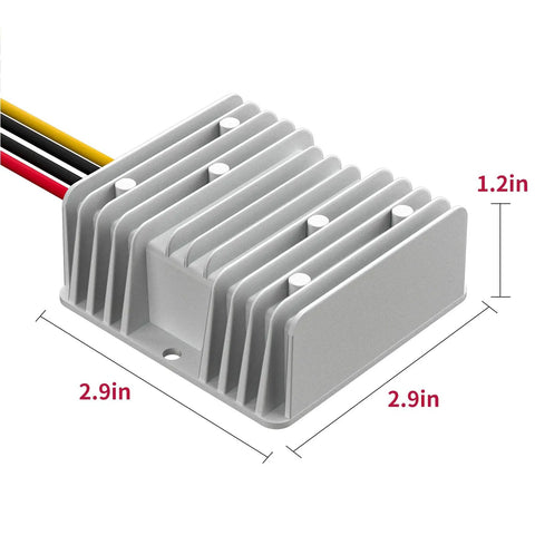 12V To 24V DC Boost Converter 240W 10A Waterproof Fuse Protected Regulator Module with dimensions, showing metal casing.